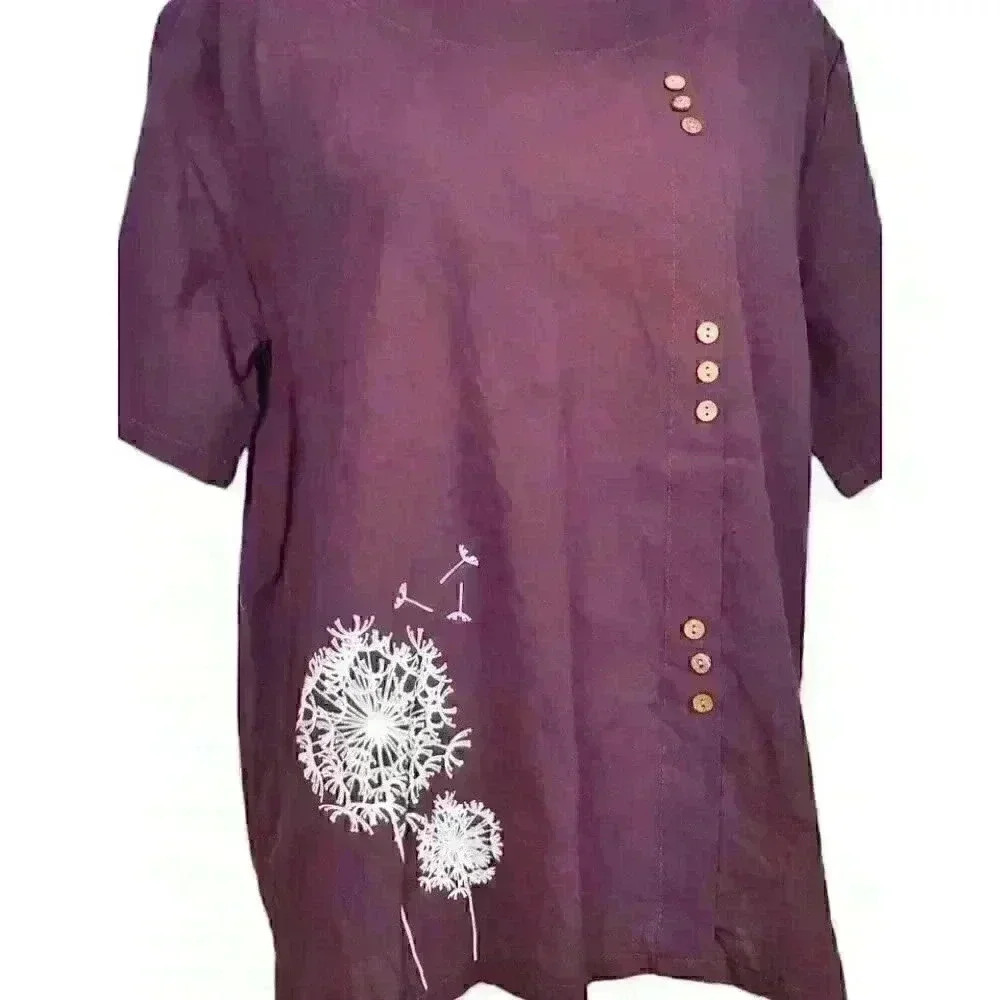 PLUM PURPLE Womans Blouse Top DANDILION Graphic Off Center Button Accent size Lg - Picture 3 of 5
